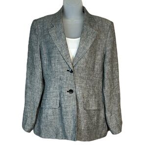 Vintage 100% Linen Blazer Jacket Sz L 2 Button Pockets Black Gray Classic Office